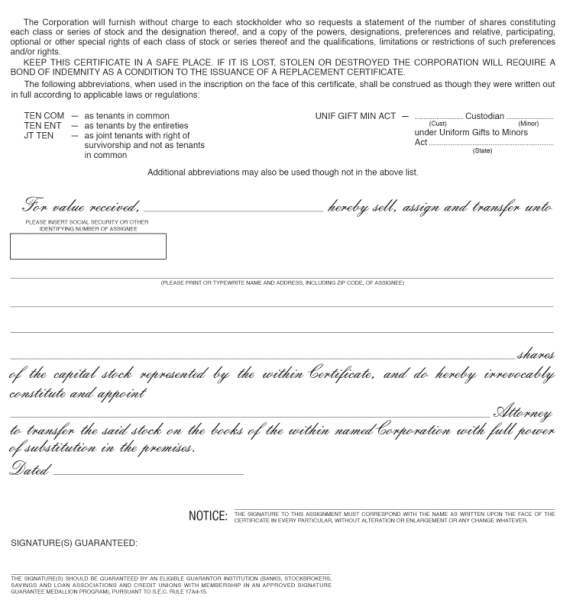 (STOCK CERTIFICATE BACK)